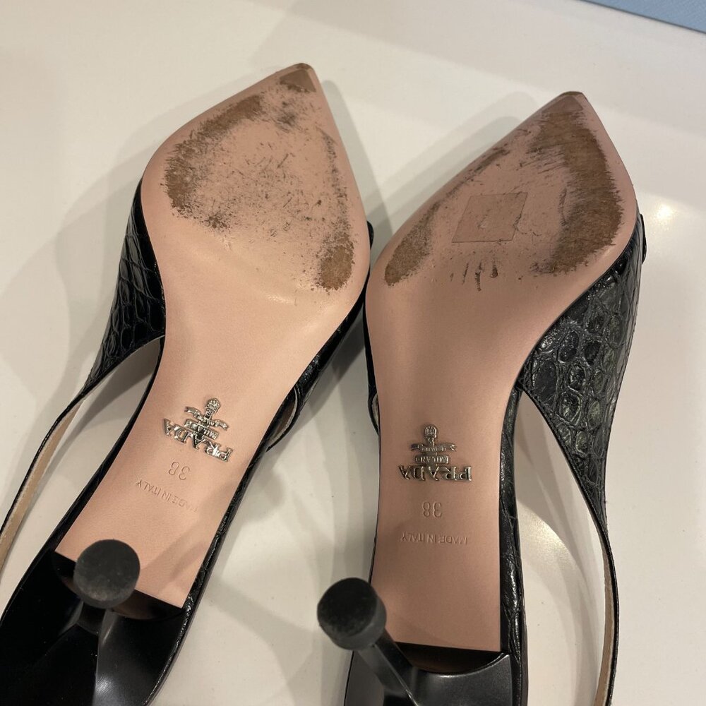 Prada Black Croc-Embossed Slingback Pointed Toe Heels with Button Accent - Picture 5 of 10